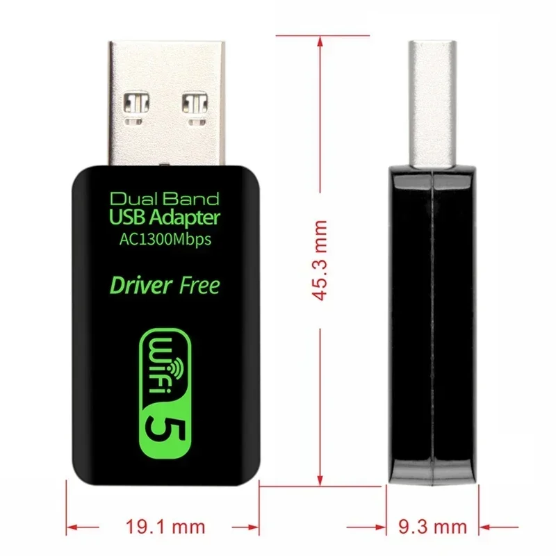 Roteador de placa de rede sem fio USB sem driver 5G Dual-Band Gigabit 1300M para PC 1 peça