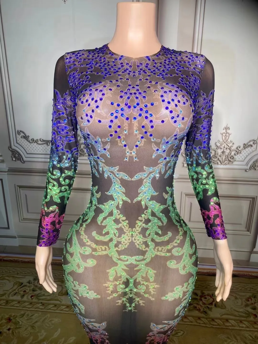Sparkly Diamond Ladies Gradent Color Floor-Length Dress Sexy See Through Bodycon Evening Party Dress Singer Show Stage Costume