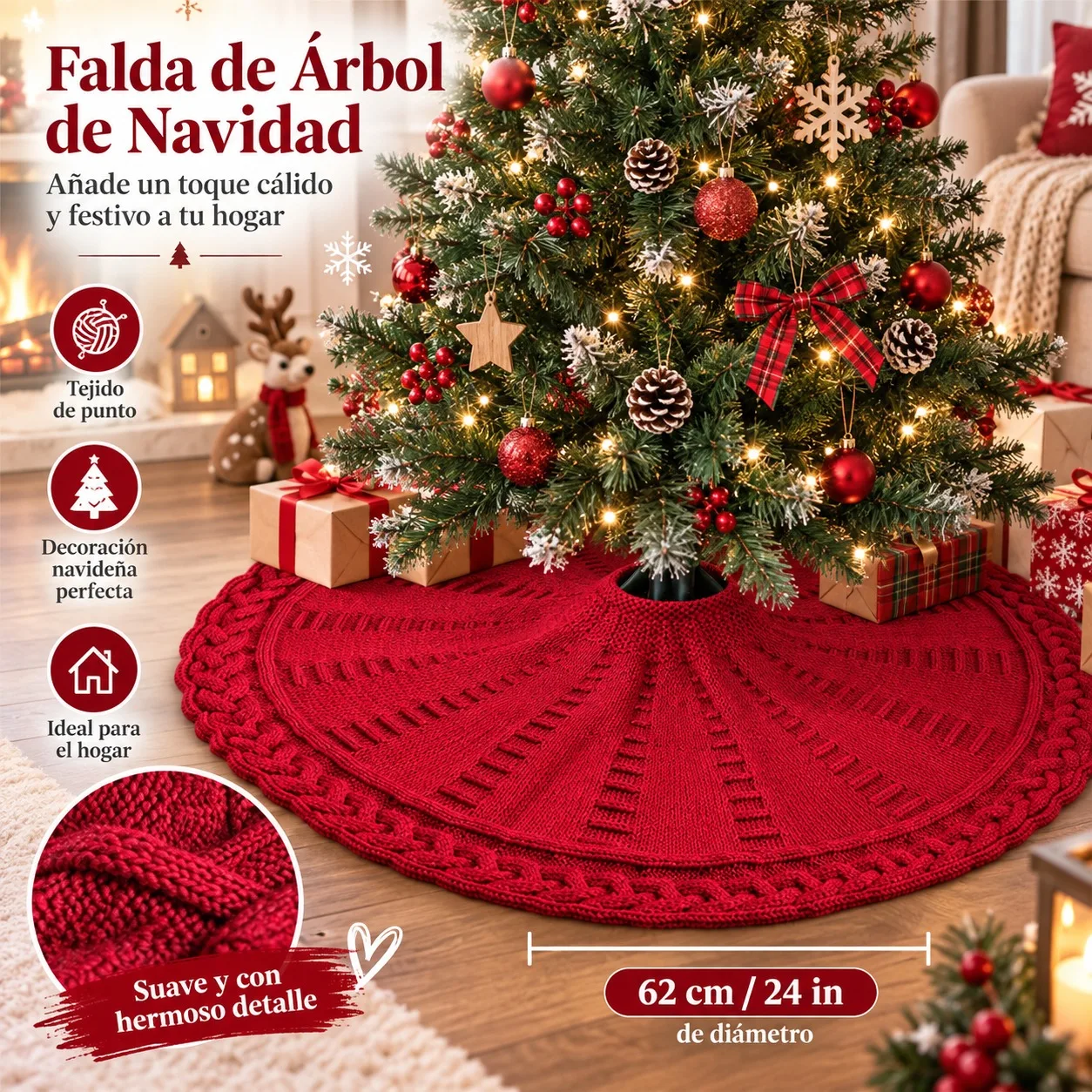Jupe de sapin de Noël rouge de 62 cm en tricot torsadé classique, tapis circulaire en fil tricoté pour la décoration intérieure de Noël et la protection du sol lors des fêtes d'hiver