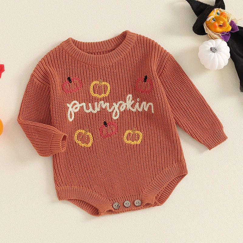 BeQeuewll Baby Boys Girls Rompers Halloween Kids Knitted Sweater Clothes Long Sleeve Letter Pumpkin Newborn Crochet Bodysuit