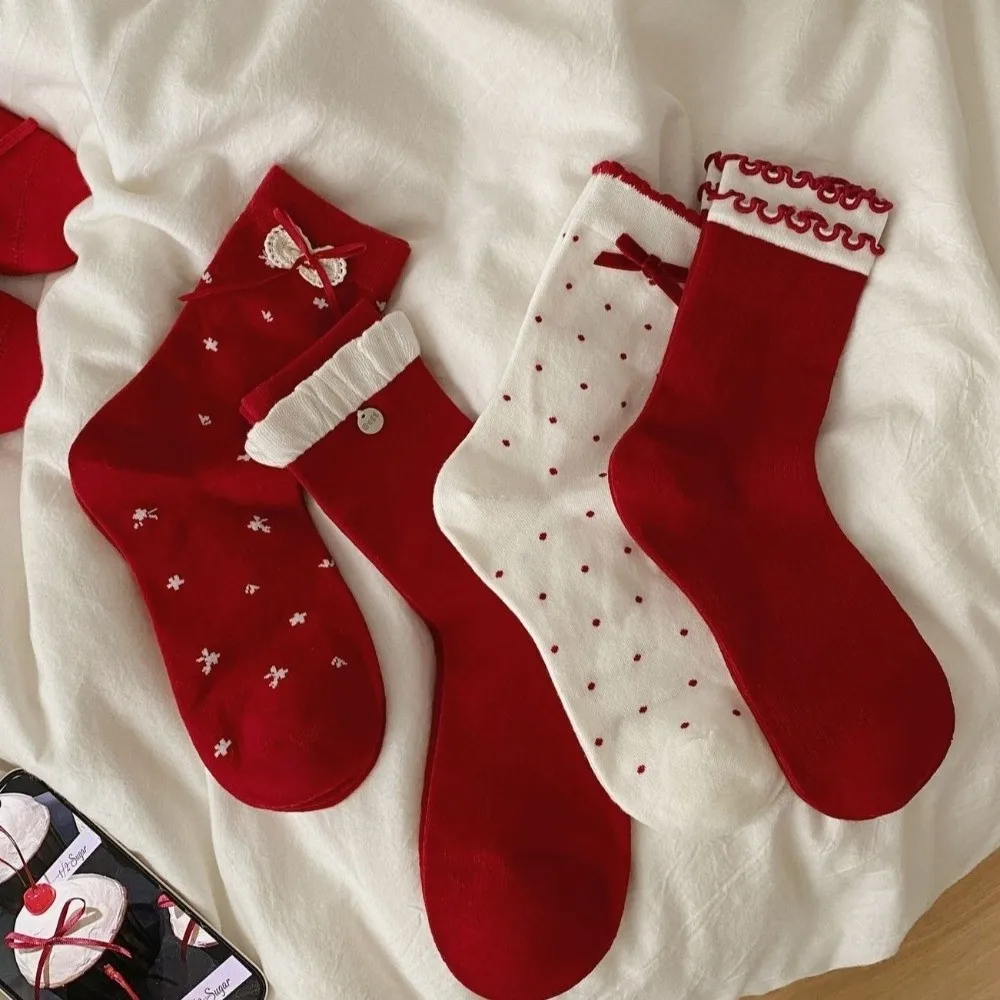 Cute Red Color Sweet Girl Socks Double Layer Comfortable Bow Socks Soft Cotton Mid Tube Socks Holiday