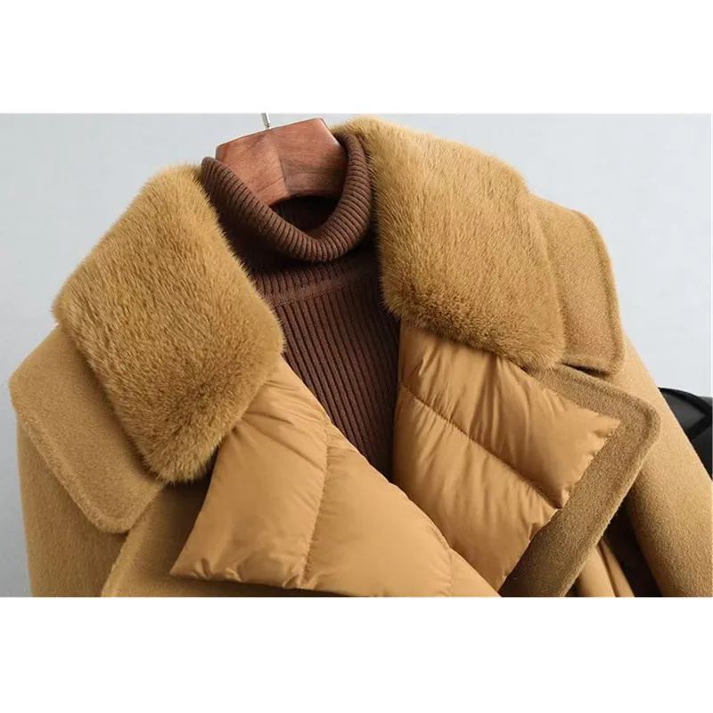 Chaquetas de algodón de doble botonadura para mujer, abrigo con cuello de piel de zorro, cortavientos de cintura ajustable, empalmado, invierno,