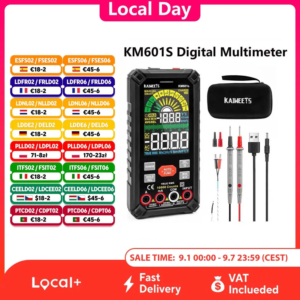 KAIWEETS KM601S Digitalmultimeter 10.000 Zählungen True-RMS-Messgerät Smart Mode Manueller Modus Taschenlampe Mehrere Funktionen Sicherheit