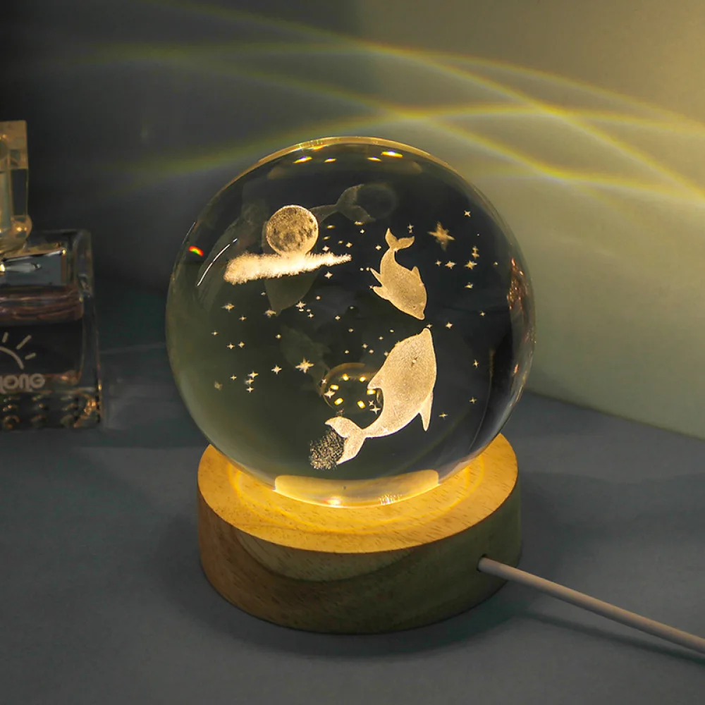 3D Laser Engraved Crystal Sphere Light Creative Ocean Animal Design Night Lamp Bedroom Table Decor Unique Gift Idea