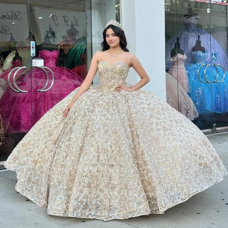 

Блестящее бальное платье цвета шампанского, платье для Quinceanera с бантом, 2024 милое платье с аппликацией из бисера для дня рождения, 16, 15 лет