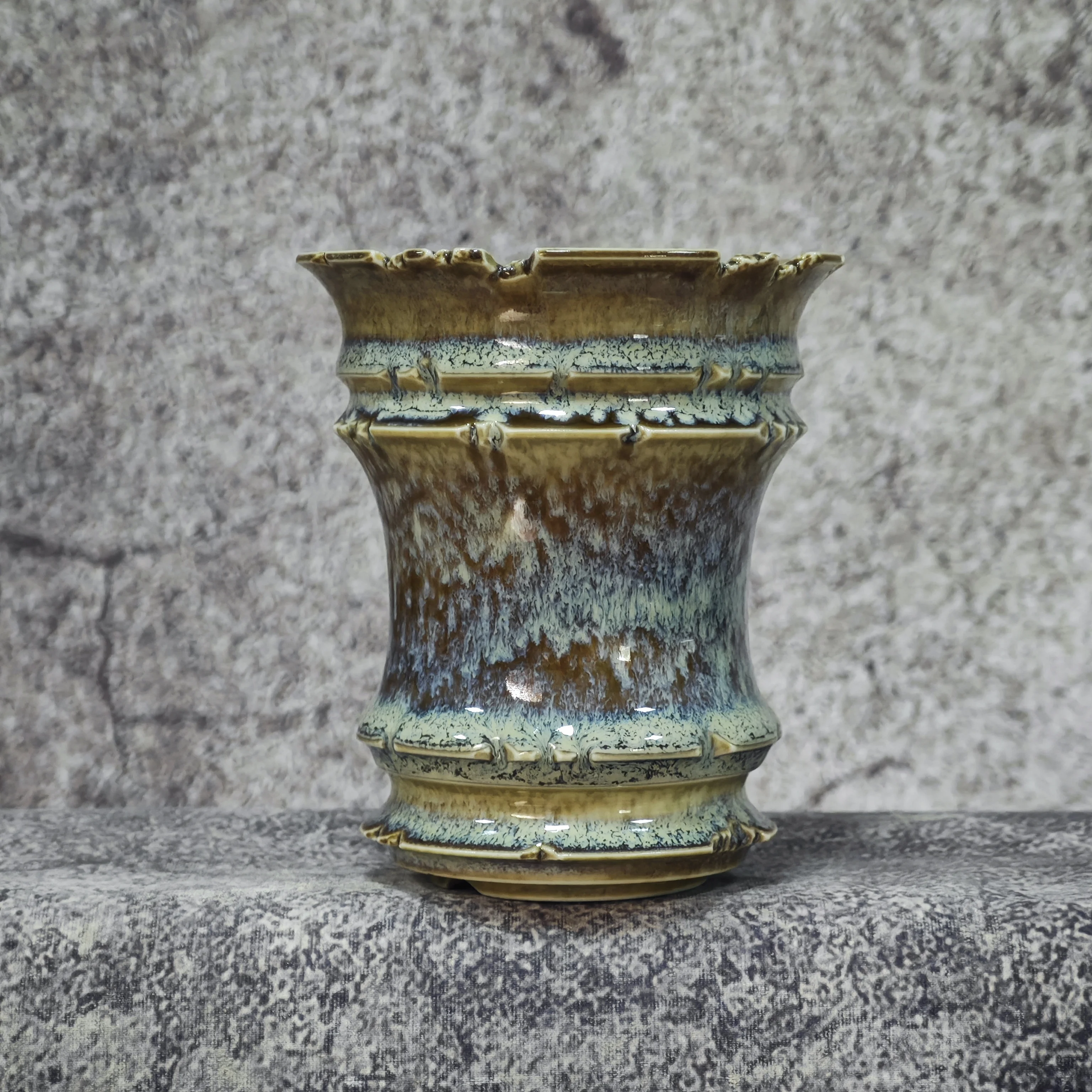Small Color Glaze Ceramic Caudex Pot Carved Scalloped Planter For Pachypodium Cactus Agave Succulent