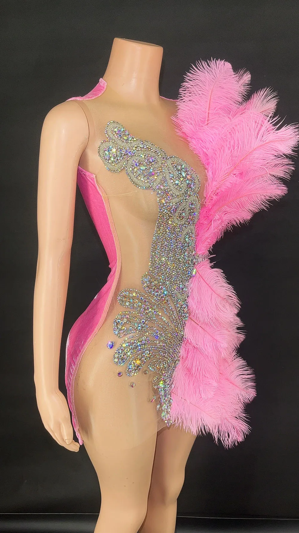 Vestido de encaje de malla de plumas personalizado, Manga corta transparente, alta elasticidad, perla, Sexy, ajustado, fiesta, actuación en escenario, nuevo