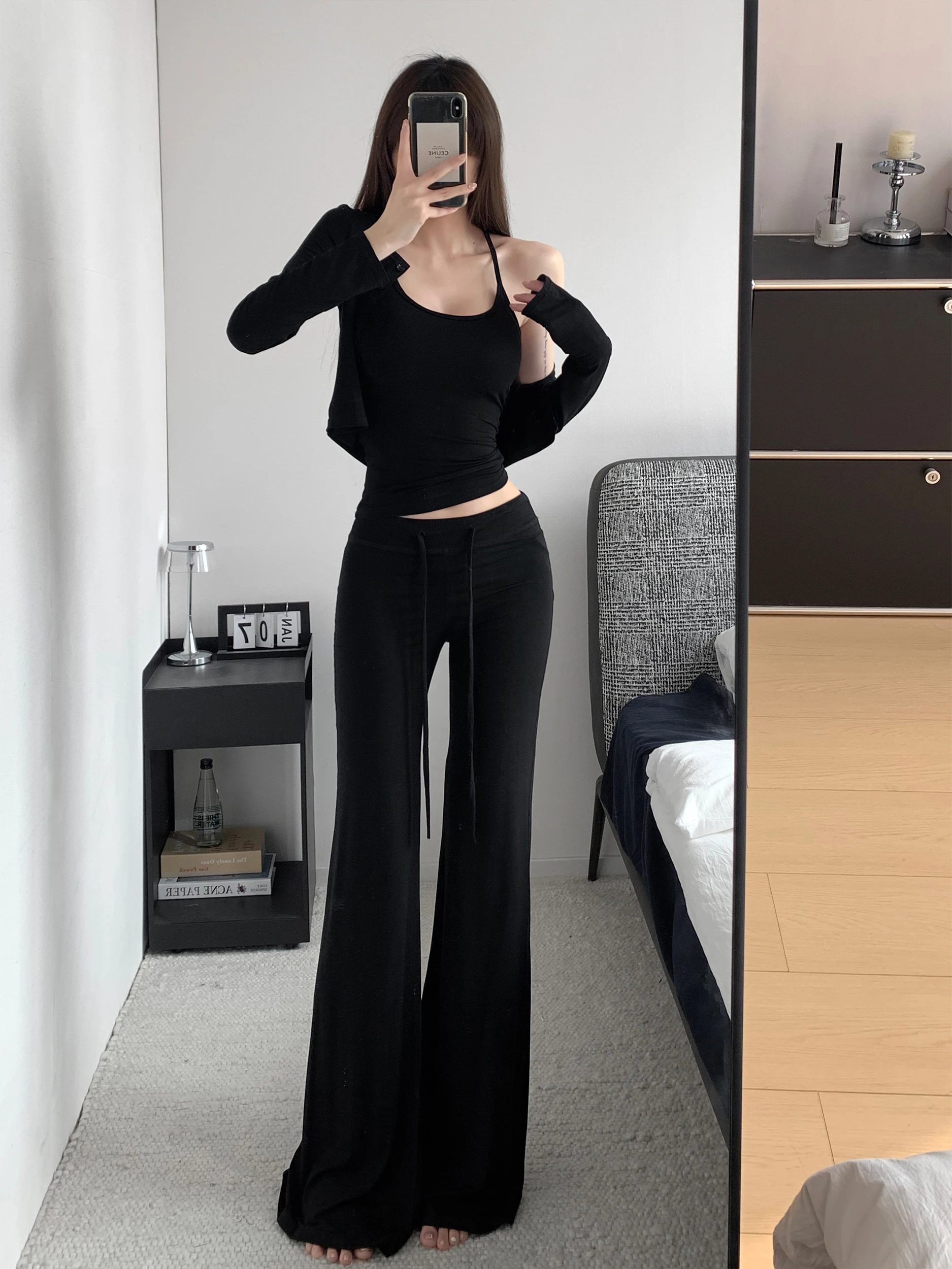 

Zhang Zi Korean Style Pure Desire Thin Look Long Sleeve Wrap Cardigan And Flared Straight Leg Pants Women's Summer Set