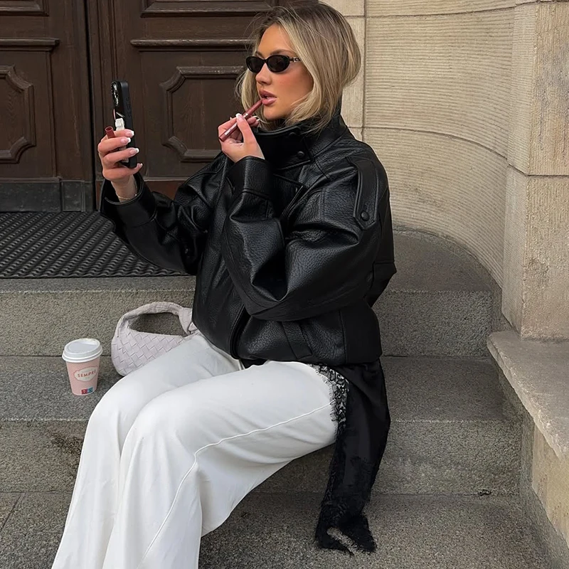 Tornova mode veste en simili cuir femmes col montant boutons fermeture éclair poche épissage automne hiver femme haute rue manteau