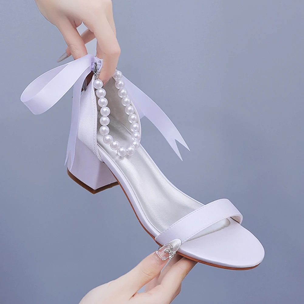 Crystal Queen 5CM Women Open Toe Sandals Banquet White Beading Square High Heels Dress Wedding Shoes C505S-BDL2