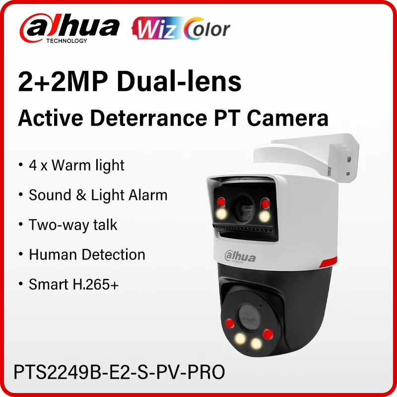 Dahua WizColor 2+2MP Dual Lens PT Camera Smart Home Ture 2K Full Color IPC Sound & Light Alarm Two way Talk PTS2249B-E2-S-PV-PRO