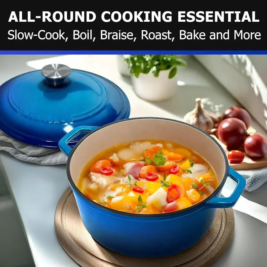 MELLERHOME 7.5 QT فرن هولندي من الحديد الزهر المطلي بالمينا طبق خزفي عالي التحمل ومقلاة برايزر مع غطاء ومقبض من الفولاذ المقاوم للصدأ OvenSafe u