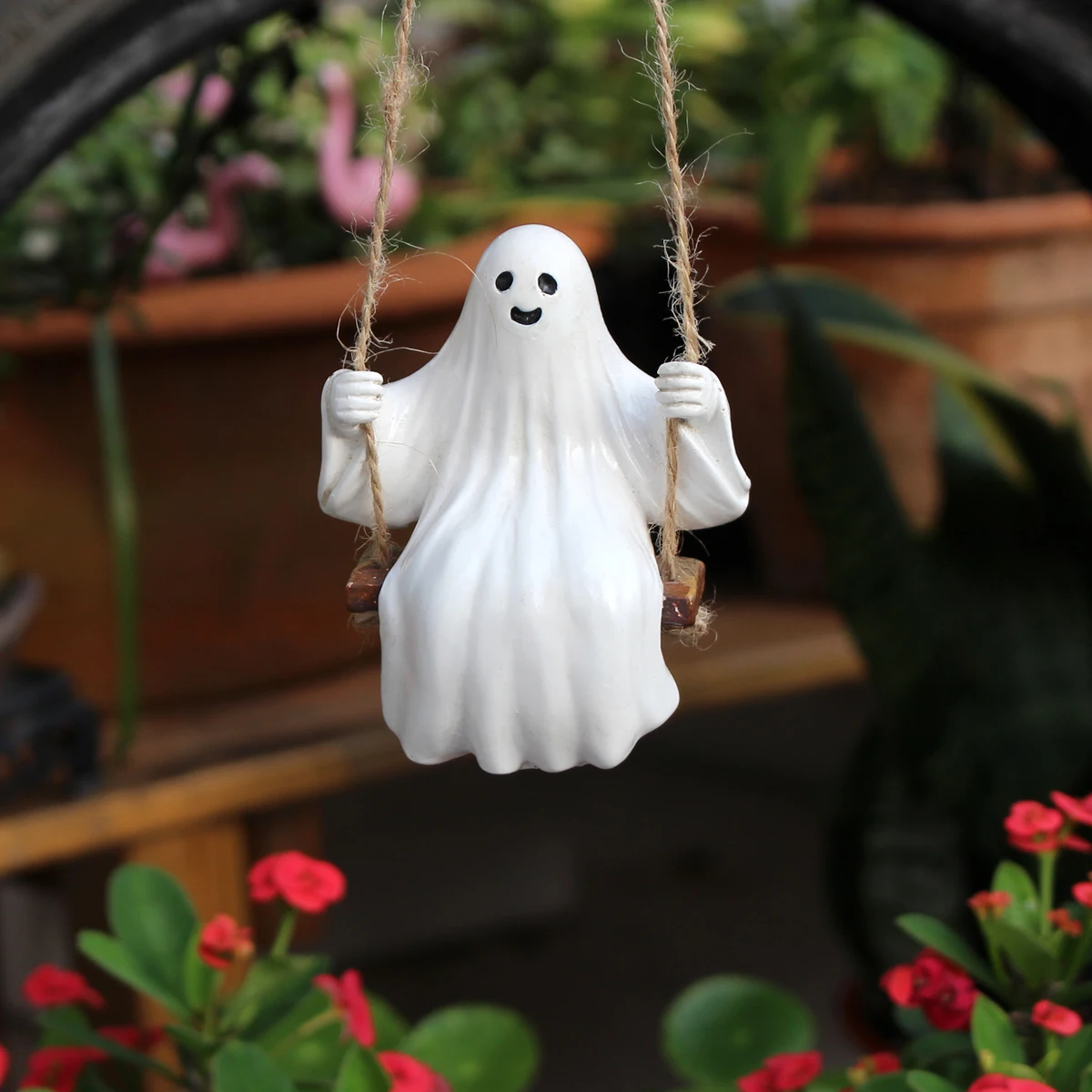 Halloween Resin Swinging Ghost Hanging Ornament, Cute Ghost on Swing Pendant, Spooky Garden Tree Home Holiday Party Decor