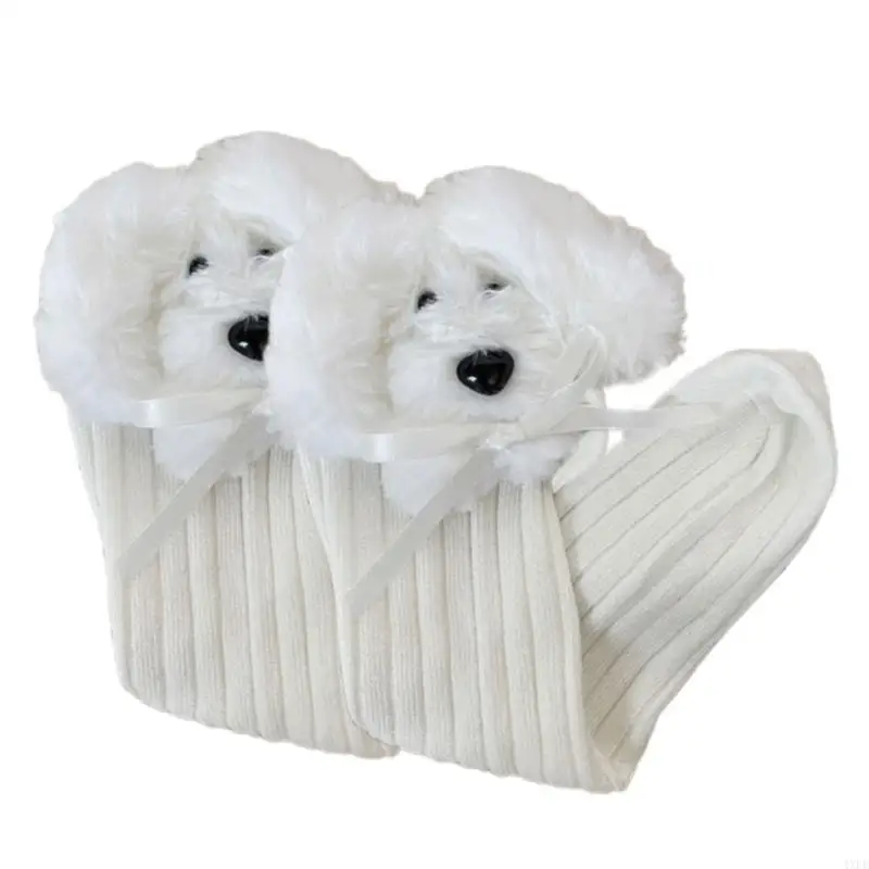 Girls Ribbed Cuffs Long Socks Plush Fabric Puppy Bowknot Design Daily Comfort