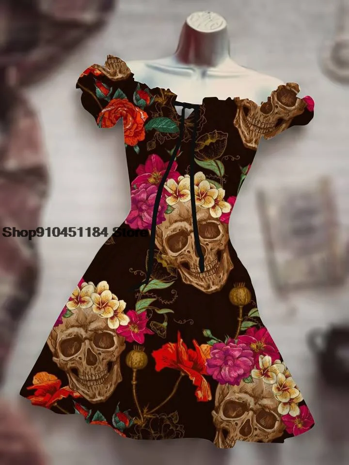 2022 Summer Drawstring Personalized Clothing Halloween Costume Skull 3D Print Skirt Hawaiian Bohemian Puff Sleeve Sexy Dress