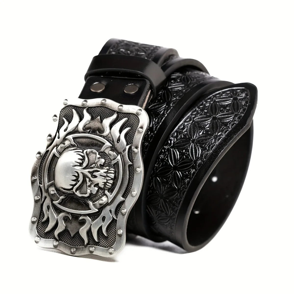 Personalized Flame Skull Embossed Belt, Cool Street Punk Style Men’s Denim Belt, Everyday Casual Versatile Belt