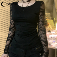 CIBBAR Transparent Lace Patchwork Crop Top Solid Black Skinny Backless T-shirt Women Full Sleeve Crewneck Tees Shirt Y2k Vintage