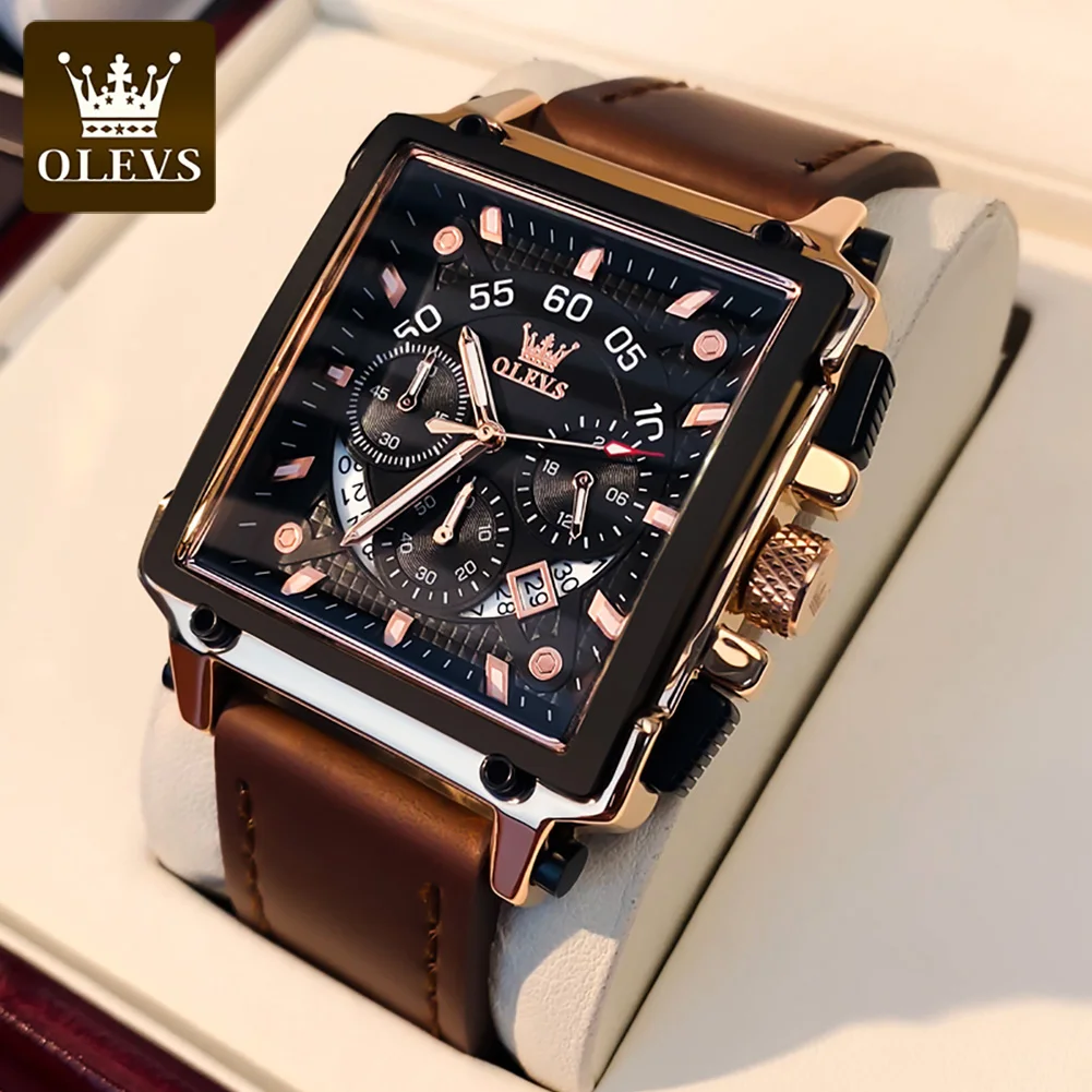 OLEVS Watches for Men Quartz Chronograph Leather Watch Date Waterproof Luminous Casual Square Fashion Business Wrist Watches