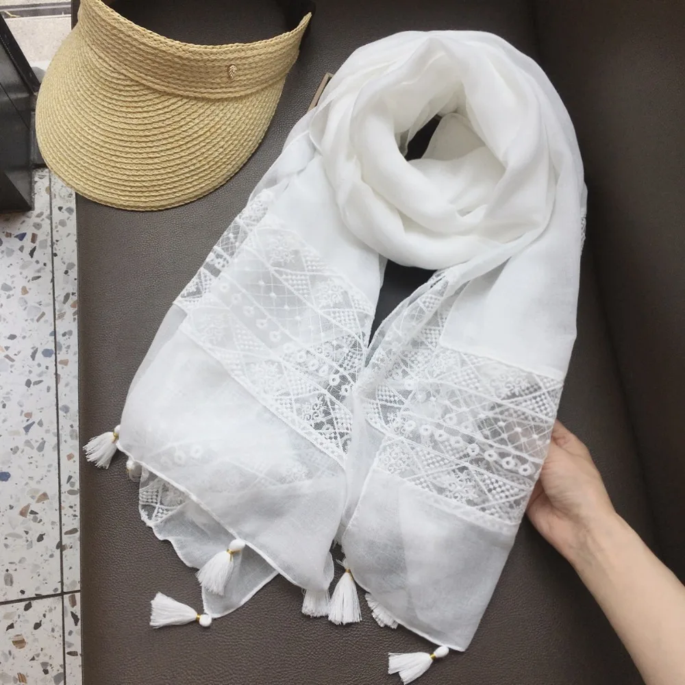 

White Lace Scarves for Women Summer Sun Protection Breathable Scarf with Tassel Large Rectangular Wrap