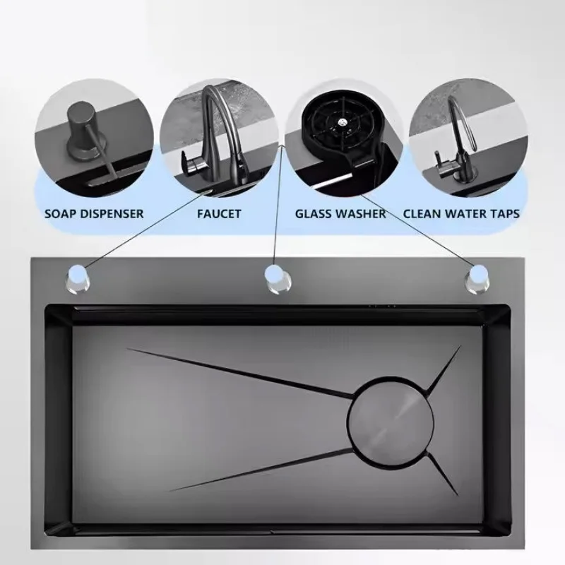 حوض مطبخ حديث من الفولاذ المقاوم للصدأ سميك 4 مم مع صنبور متعدد الوظائف بثلاث فتحات مصنوع يدويًا وفائق للاستخدام المنزلي