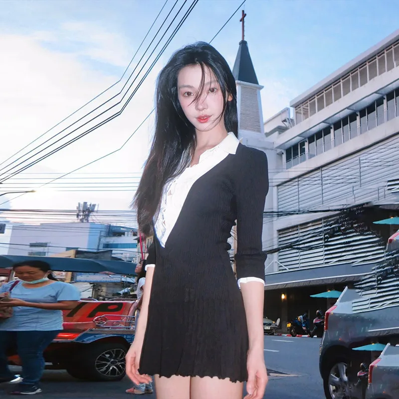 ملابس نسائية لخريف وشتاء 2024 عصرية بنمط جديد على الموضة الفرنسية بألوان متباينة وطية صدر السترة على شكل حرف a #2