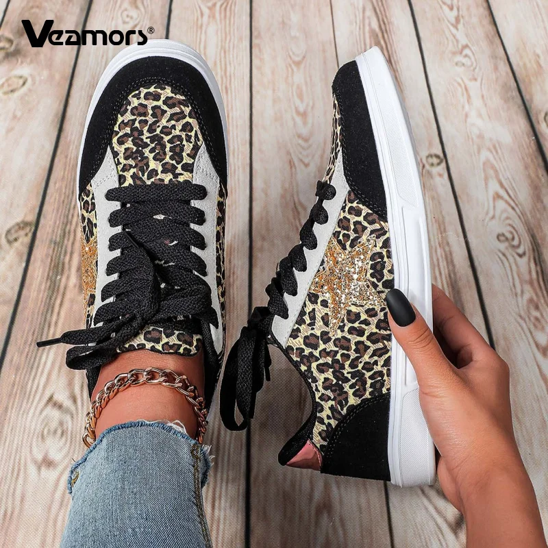 Walking Shoes Unisex Sequined Leather Spliced Casual Sneakers Lightweight Breathable Footwear for Daily Walking Traveling