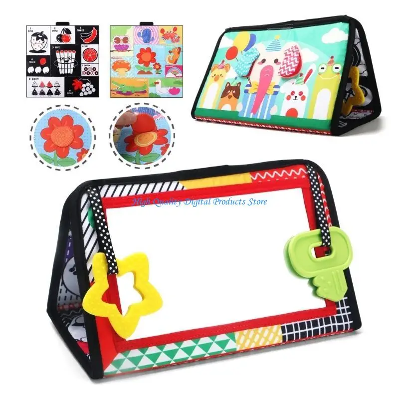 U2JE Baby Tummy Time Mirror Toy Baby Book with Teether for 0-6 Months Baby Boy Girl, Newborn Sensory Toy Foldable Cloth Book