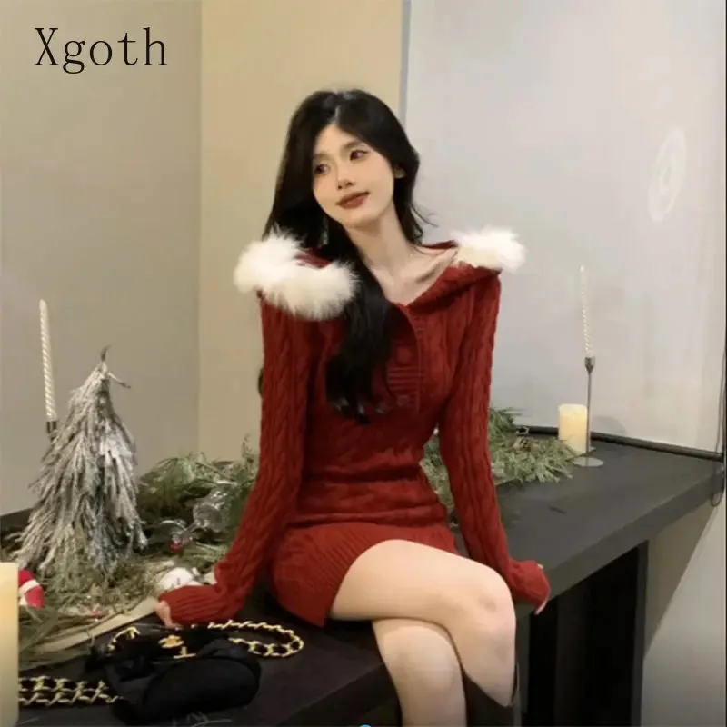 

Autumn Gentle Read Sweater Dress Women's 2023 New High Street Korean Half Button Jumper Hullover New Year Hooded Knitted Dress
