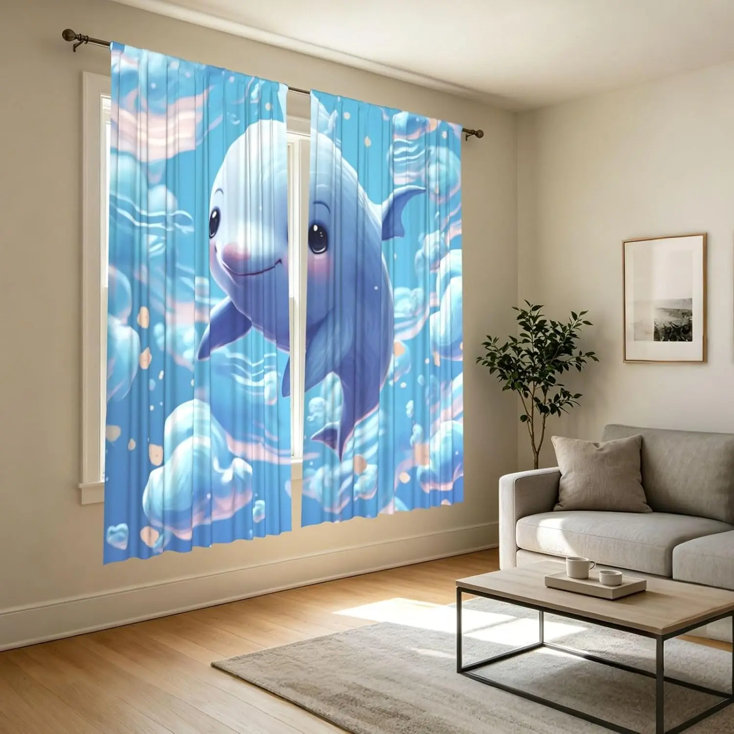 Cute Dolphin Ocean Curtains for Kids Nursery Room Baby Shower Nautical Window Treatment Blue Sea Life Cartoon Polyester Drapes