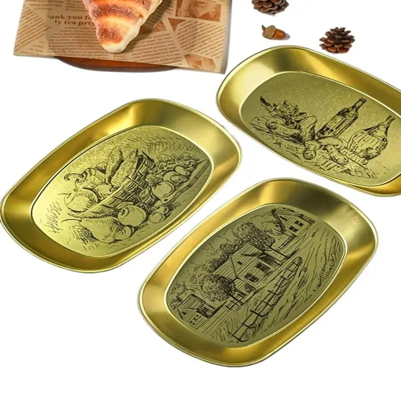 Retro Storage Tray Round Tinplate Desktop Disc Fruit Snack Pastry Plate Dessert Candy Dish Household Kitchen Food Storage Tools