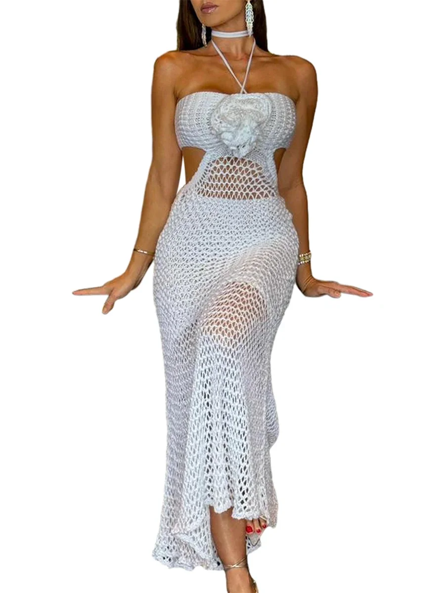 Women's Maxi Dresses Summer Knitted Halter Dress  Fit Hollowed Cutout Sleeveless See Through 3D Flower Solid Color Long Dress