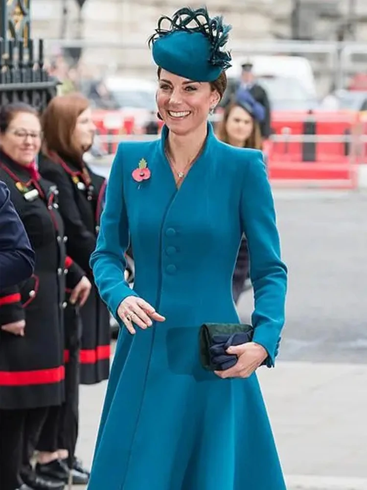 Princess Kate Middleton New Ladies Autumn Luxury Fashion Chic High Quality Slim Vintage Casual Party Office Coat Blue Midi Dress