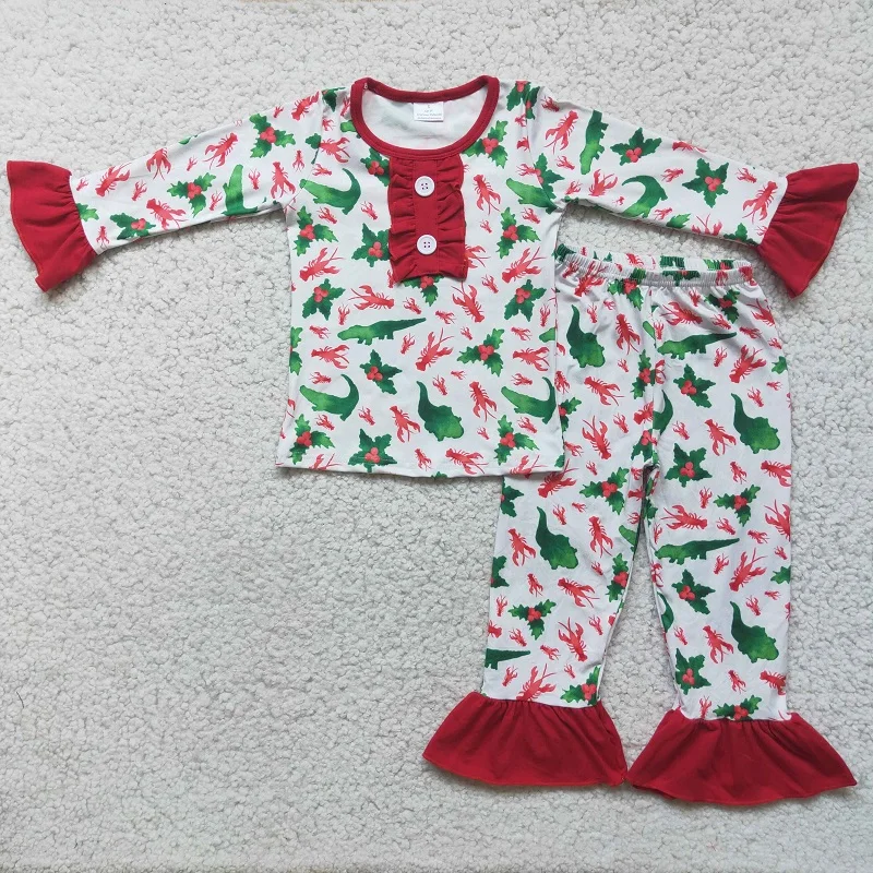 New Christmas Match Boys Girls Dinosaur Lobster Long Sleeve Pants Set Wholesale Boutique Children Clothing RTS