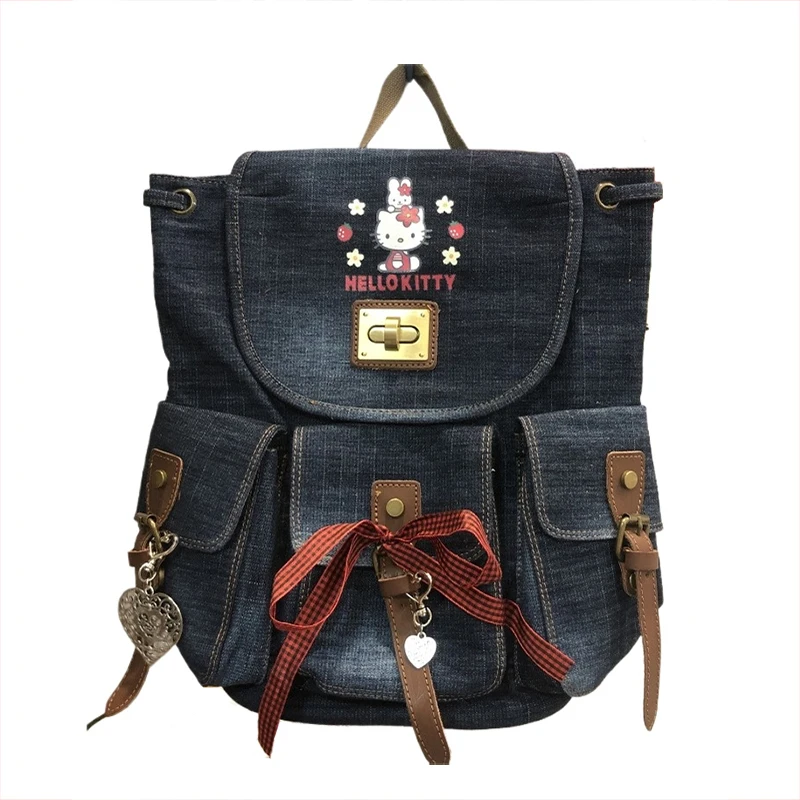 

Sanrio Hello Kitty Denim Backpack for Women Girl Student Kawaii School Bag Fashion Luxury Designer Handbag Top Quality