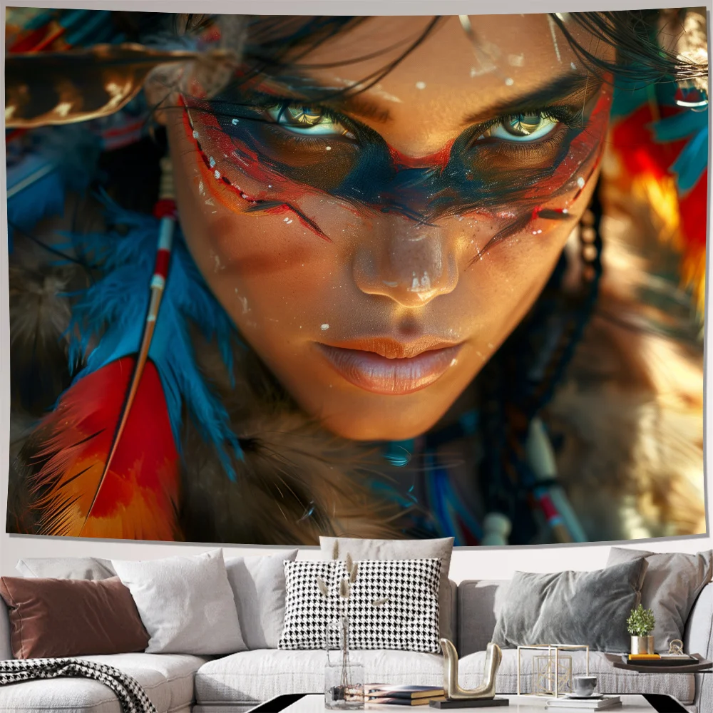 Boho Tribal Woman Portrait Tapestry Wall Hanging Ethnic Bohemian Warrior Decor Art Print Jungle Style Living Room Wall Tapestry