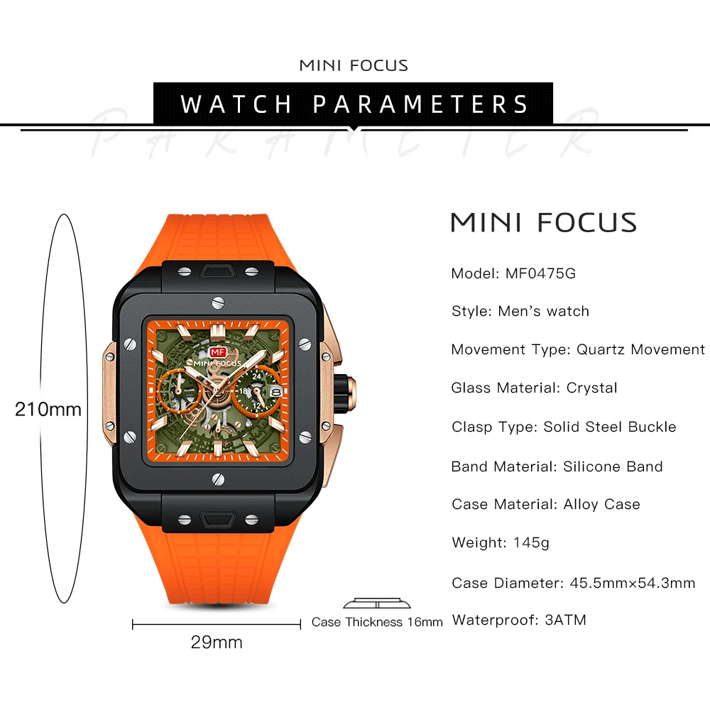 2024 New Square Watch Men Fashion Sport Orange Silicone Type Quartz Wristwatch Leisure Waterproof Chronograph Relogio Masculino