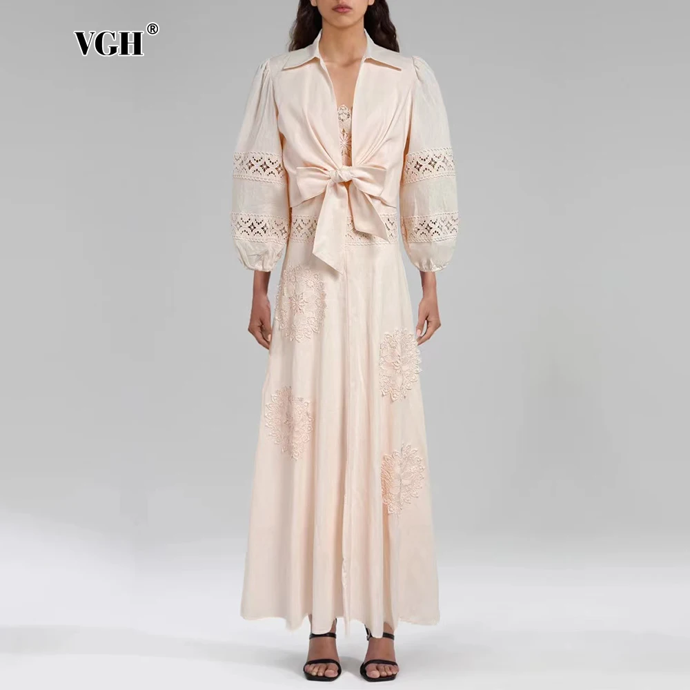 

VGH Sexy Two Piece Sets for Women Lapel Wrist Sleeve Cardigan V Neck High Waist Spliced Hollow Out Camisole Dresses Suit Female