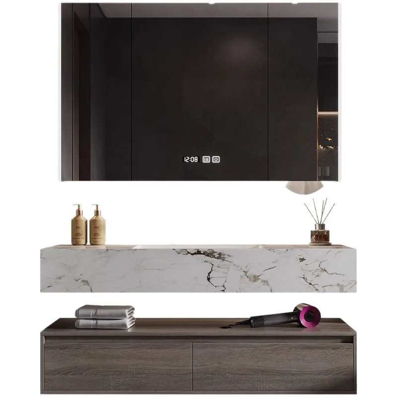 

Light luxury bathroom cabinet combination rock slab seamless ceramic double basin toilet washstand hotel wind wash face sink