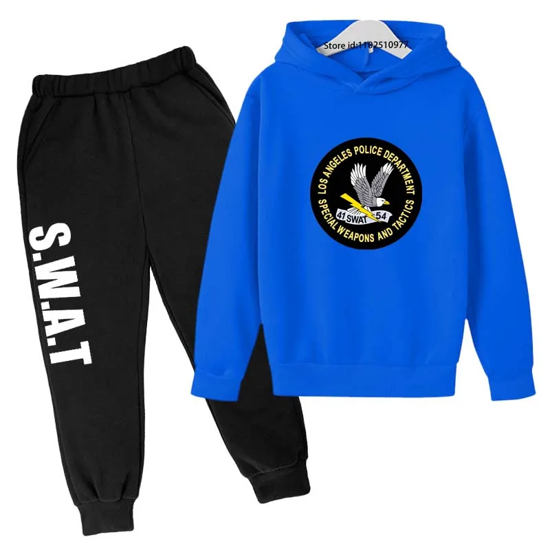 Kids Autumn Spring Police S.W.A.T Print Casual Tracksuits Boys Girls Fashion 2pcs Hoodie+Pants Suit Children Outfits Clothes Set