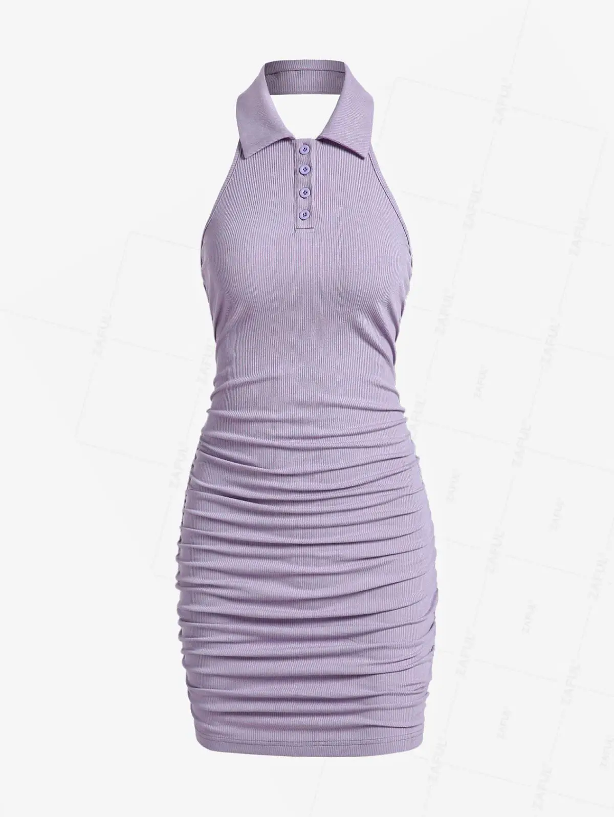 

ZAFUL Women's Fashion Daily Sexy FashionRuched Ribbed Button Front Polo Collared Backless Tank Dress