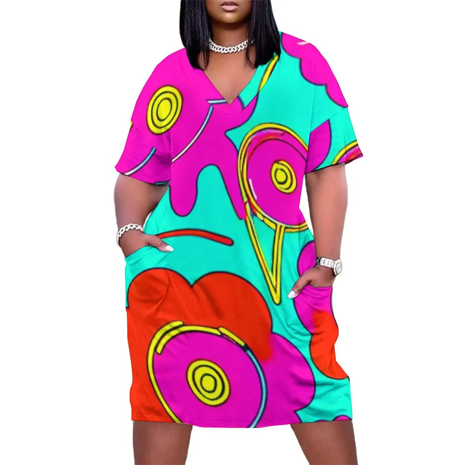

60s Style Neon Flowers ,gifts,funny cool flower Loose Pocket Dress Women's long dress evening dress woman