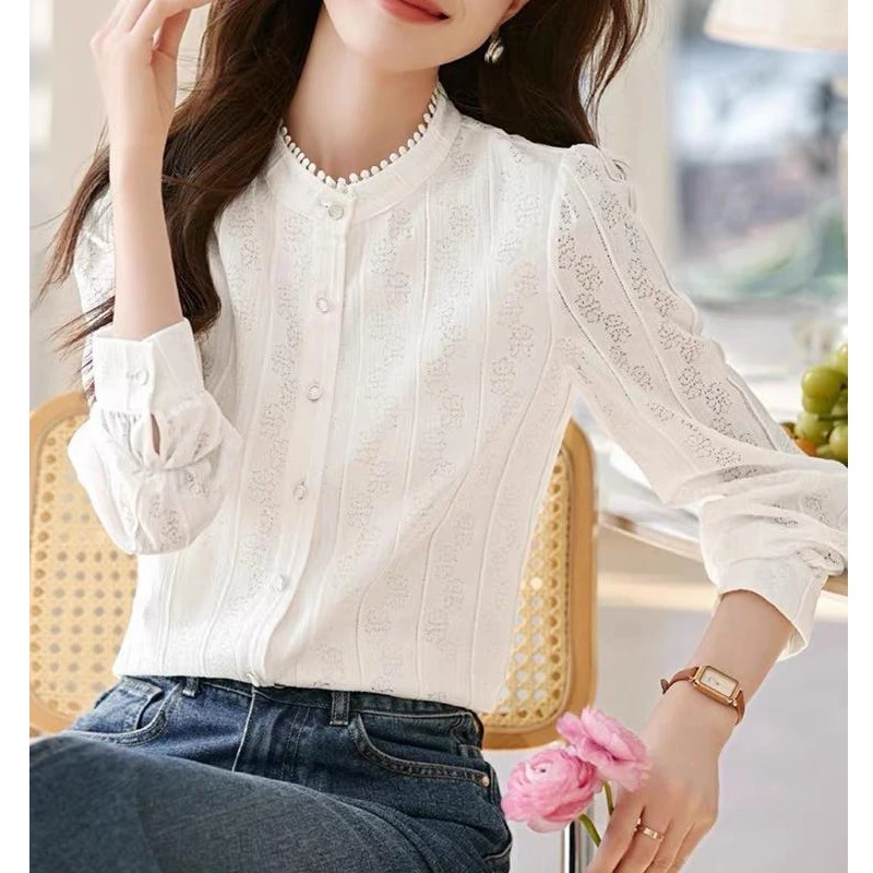 Women Korean Fashion Hollow Lace Button Up Shirt Office Lady Elegant Stand Collar Blouse White Long Sleeve Slim Tops Blusas 2024