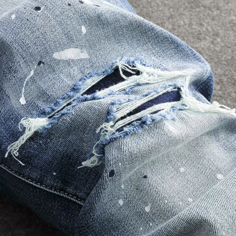 Street Fashion Men Jeans High Quality Retro Blue Stretch Skinny Fit Ripped Jeans Men Painted Designer Hip Hop Brand Pants Hombre
