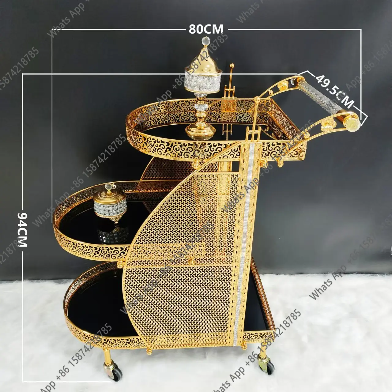 D European five-star hotel crystal column metal dining car triple glass golden wedding butterfly dining car wine truck