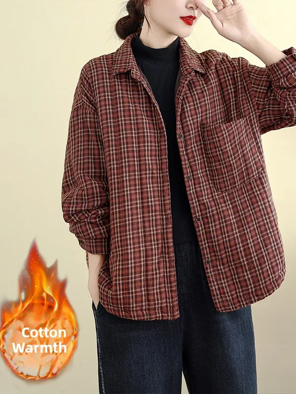 

Warm Cotton Jaet Women's Plaid Flip-Collar Loose Fit Single-Button Casual Sle Autumn Winter New Arrival Slimming Outerwear