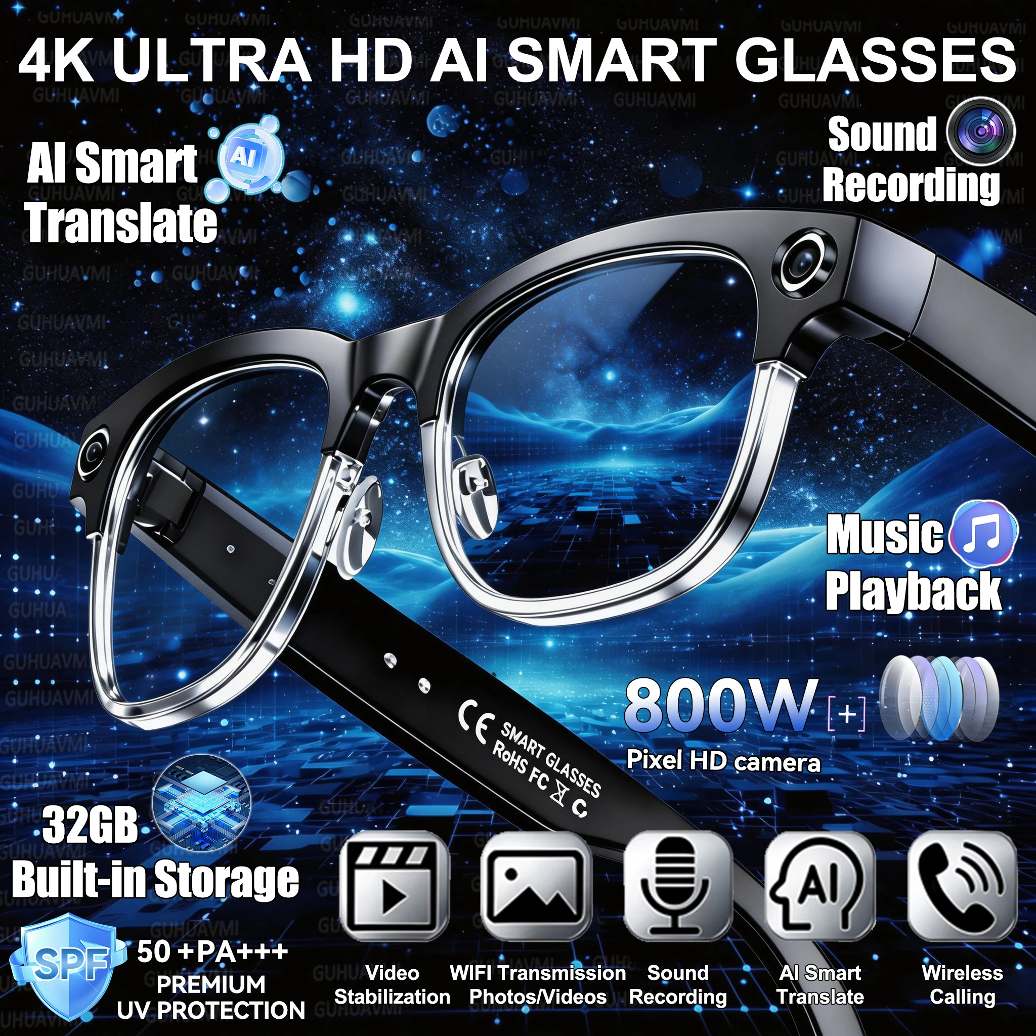 2026 Smart AI Glasses 4K 800W Camera Bank 32GB Memory Intelligent Translation Chat GPT Music Photos &Video Sunglasses Men Women