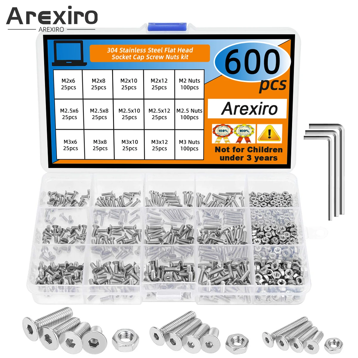 

600PCS Metric M2 M2.5 M3 304 Stainless Steel Flat Head Countersunk Socket Bolt Screw Nut Combination Kit, with Hex Wrench