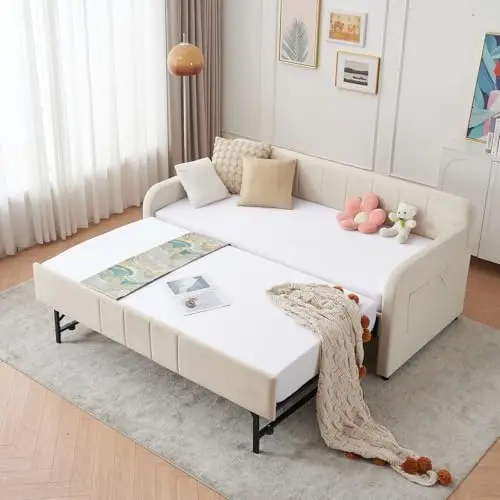 Twin to King Daybed with Trundle, USB Ports, Velvet Upholstered Daybed with Pop Up Trundle Bed, Modern Extendable Day