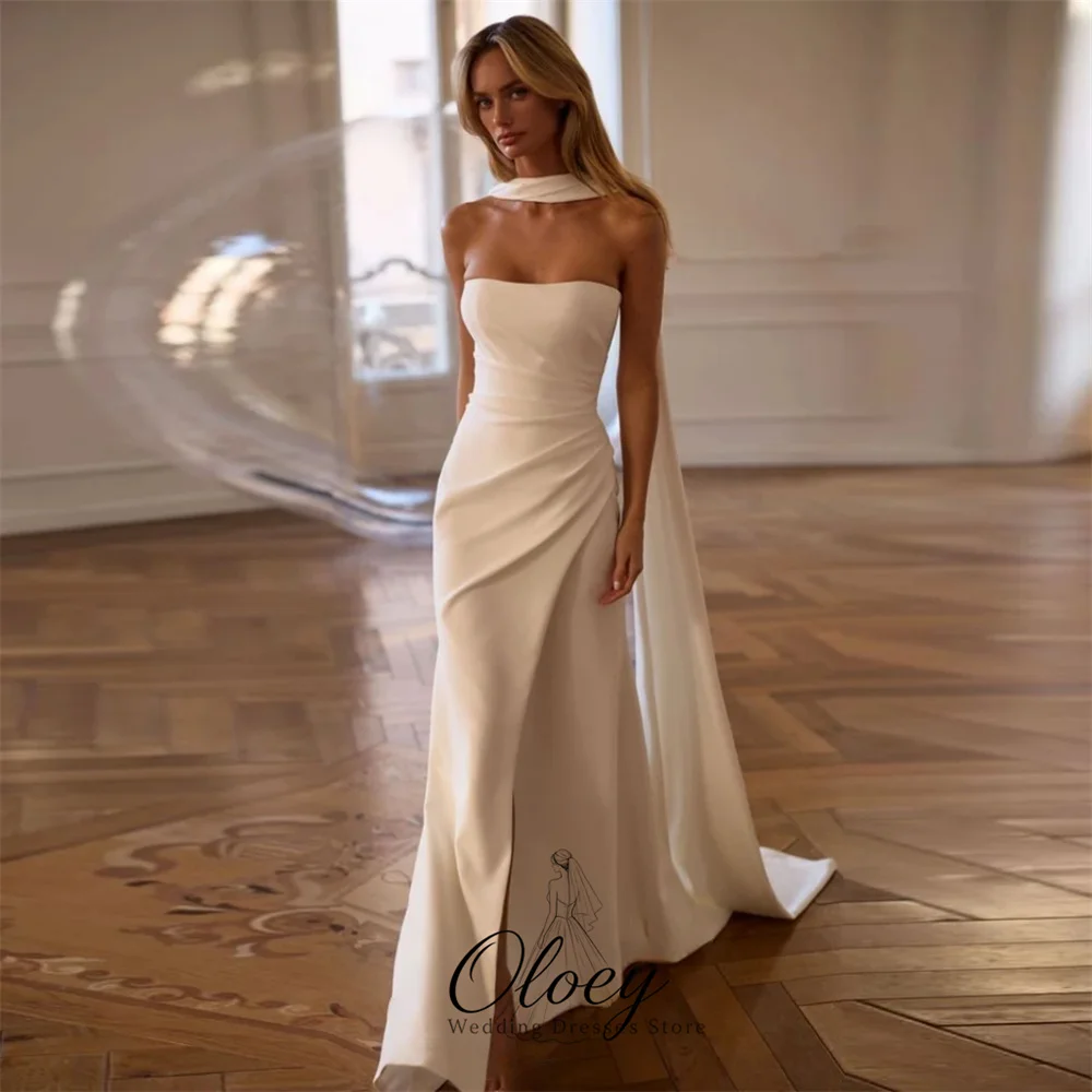 OLOEY Minimalist Strapless With Long Scarf Wedding Dresses For Woman High Slit Waist Pleat Mermaid Satin Bridal Gown Customized