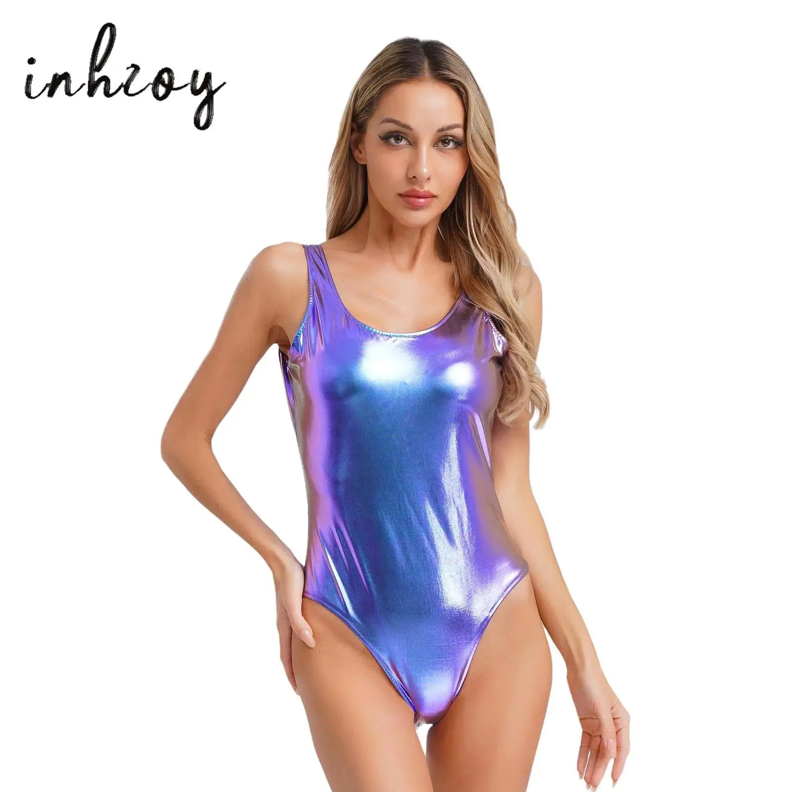 

Women Sleeveless Shiny Metallic PU Bodysuit Pole Dance Yoga Gymnastic Leotard Stage Performance Jumpsuit Rave Costume Clubwear